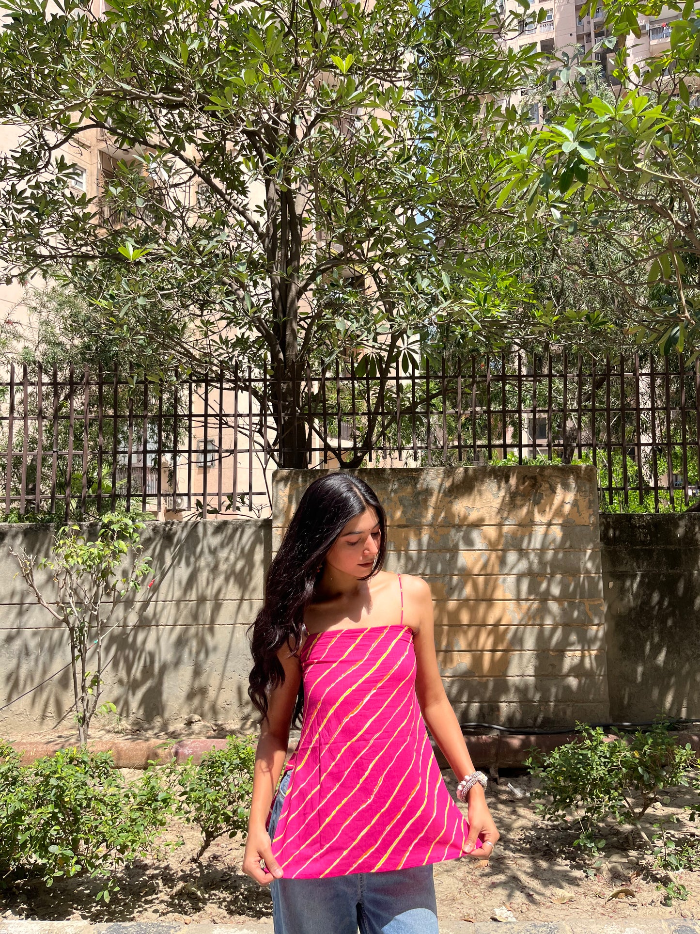 Rani Pink Leheriya Stripe Cotton Spaghetti Top for Women