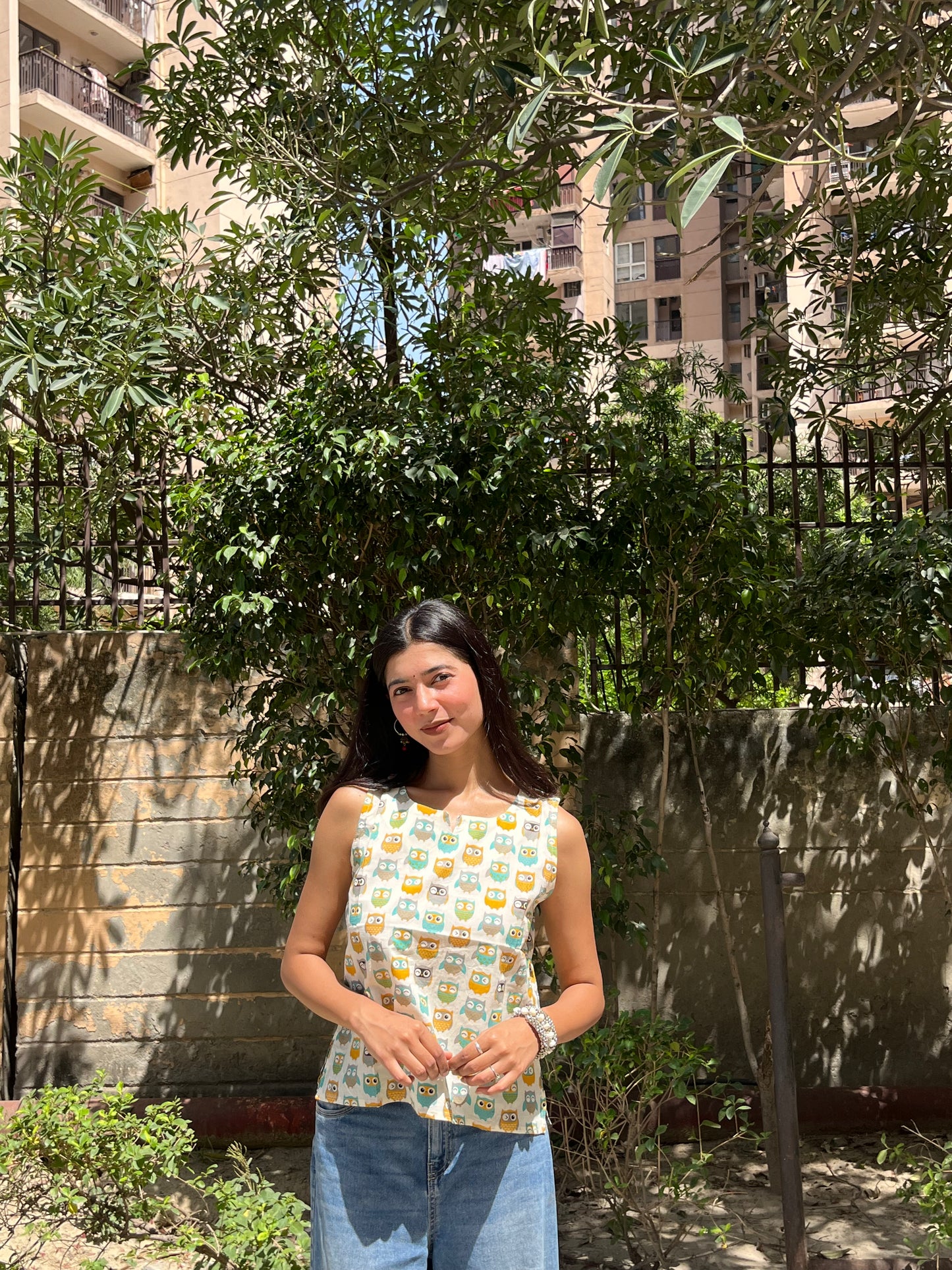 Off White Owl Print Sleeveless Cotton Crop Kurti Top for Women