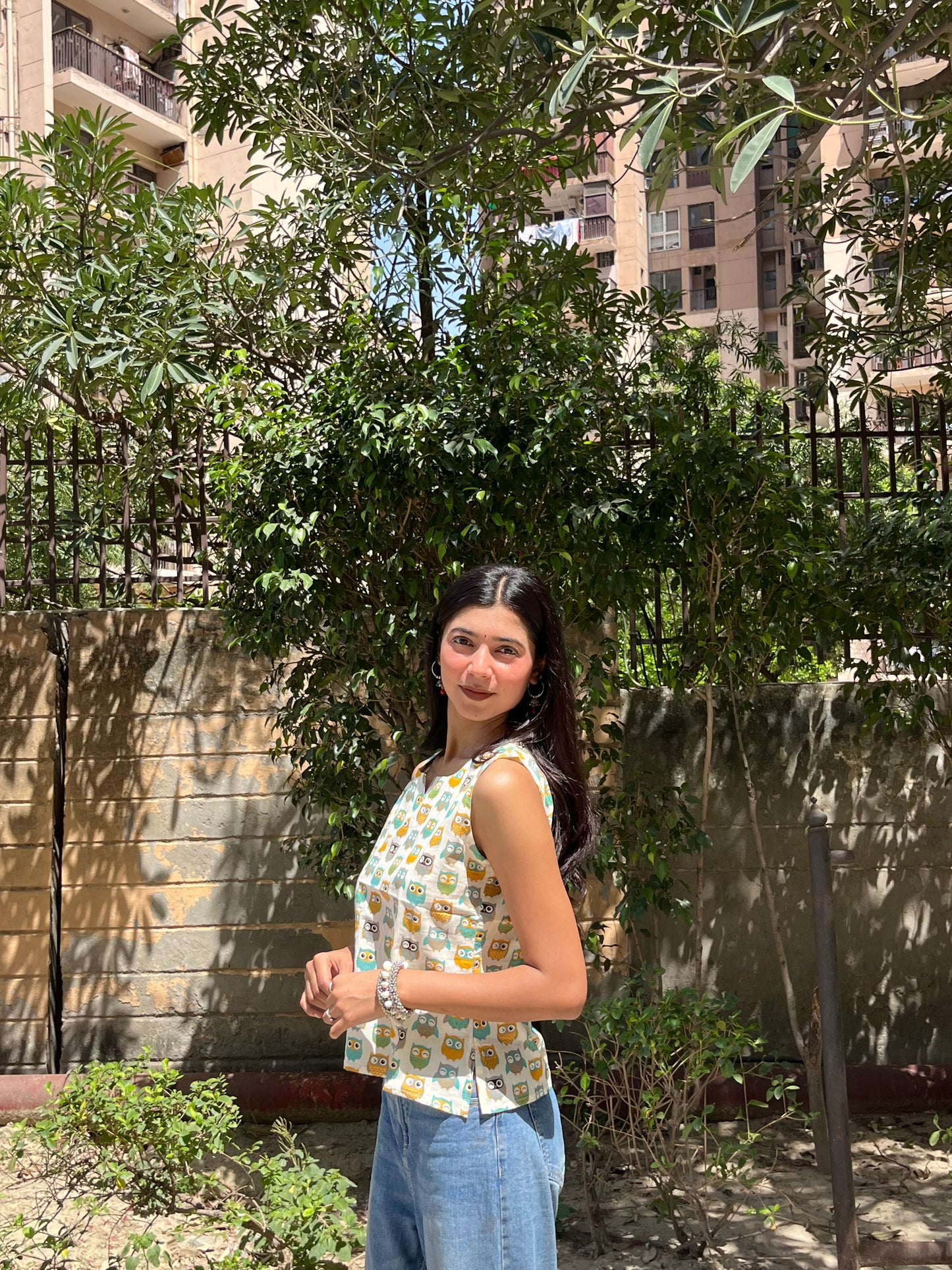 Off White Owl Print Sleeveless Cotton Crop Kurti Top for Women