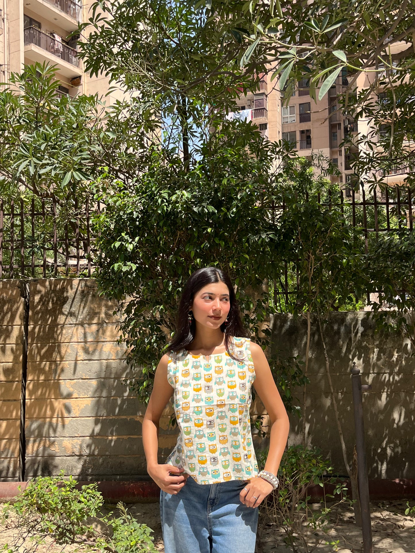 Off White Owl Print Sleeveless Cotton Crop Kurti Top for Women