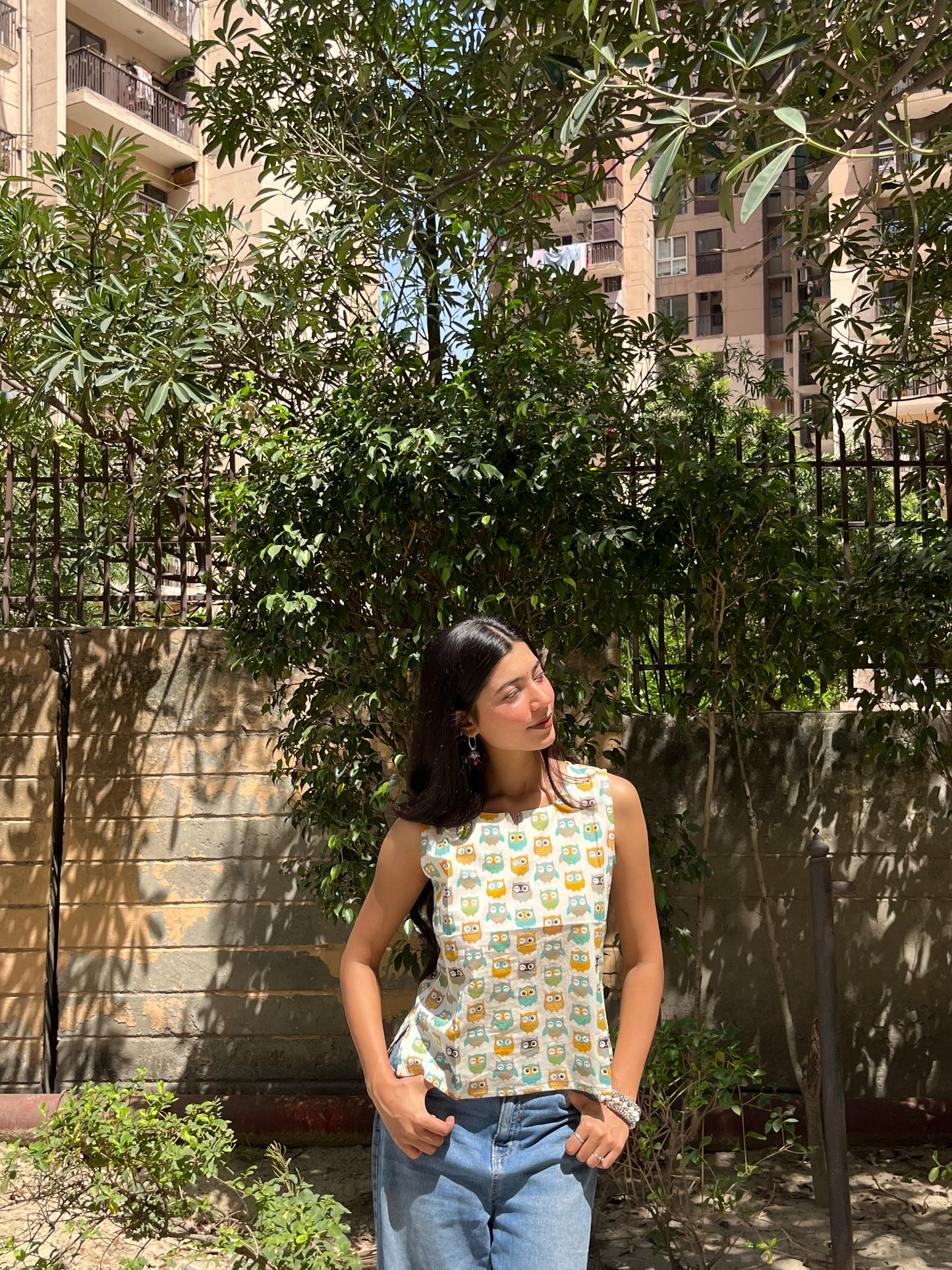 Off White Owl Print Sleeveless Cotton Crop Kurti Top for Women
