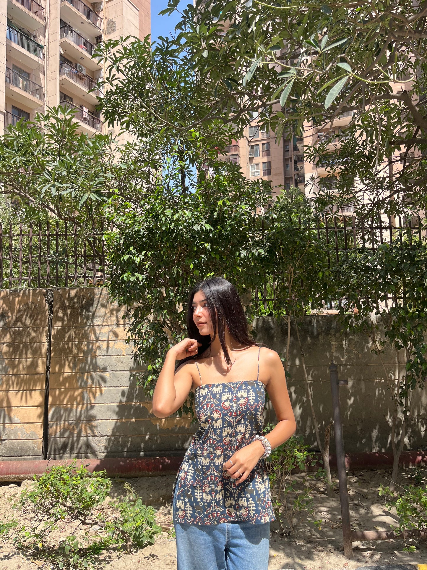 Charcoal blue Ethnic Motif Print Cotton Spaghetti Top for Women