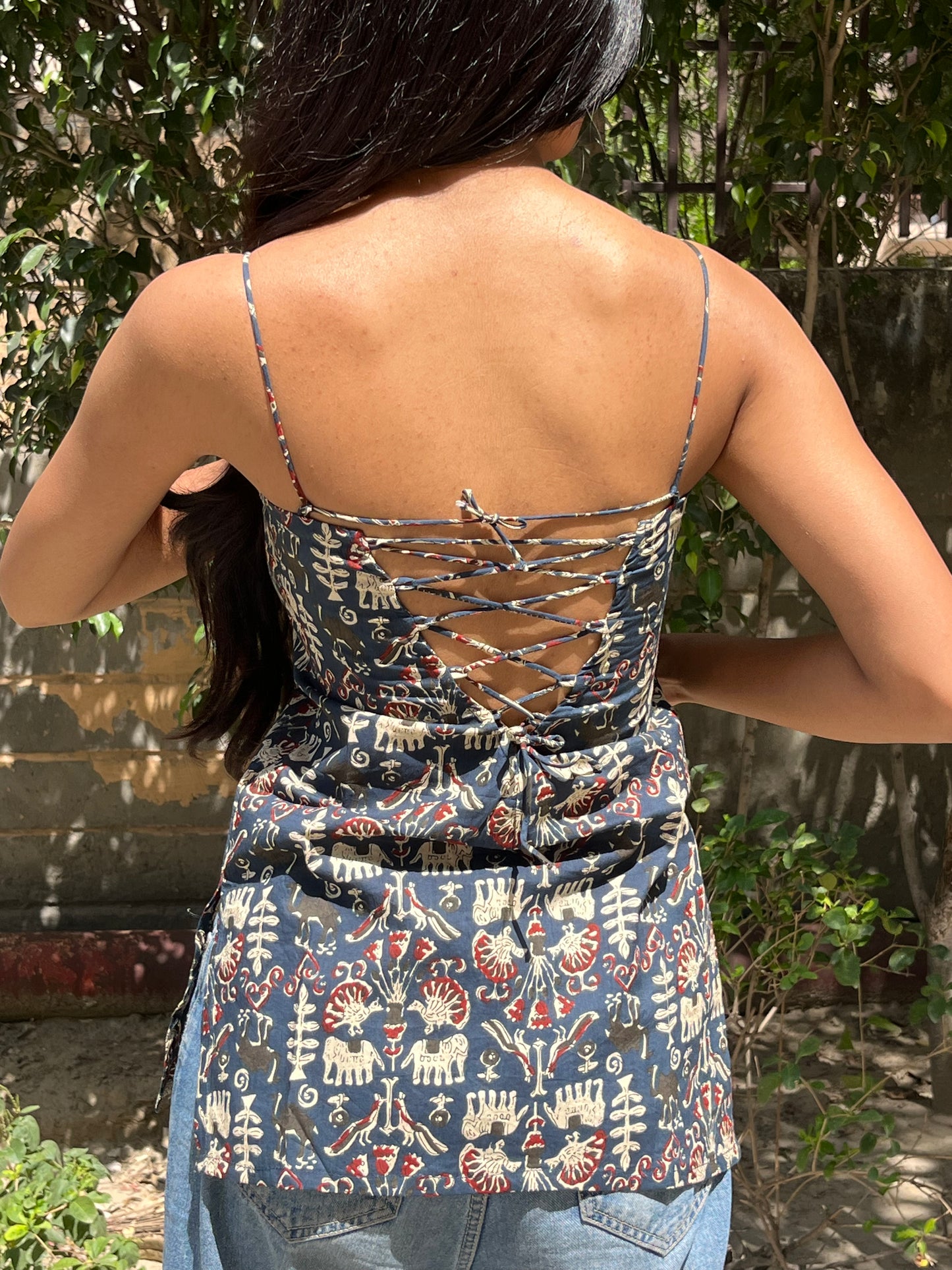 Charcoal blue Ethnic Motif Print Cotton Spaghetti Top for Women