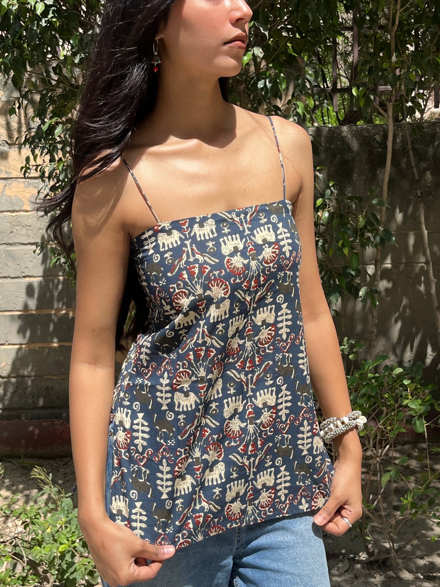 Charcoal blue Ethnic Motif Print Cotton Spaghetti Top for Women