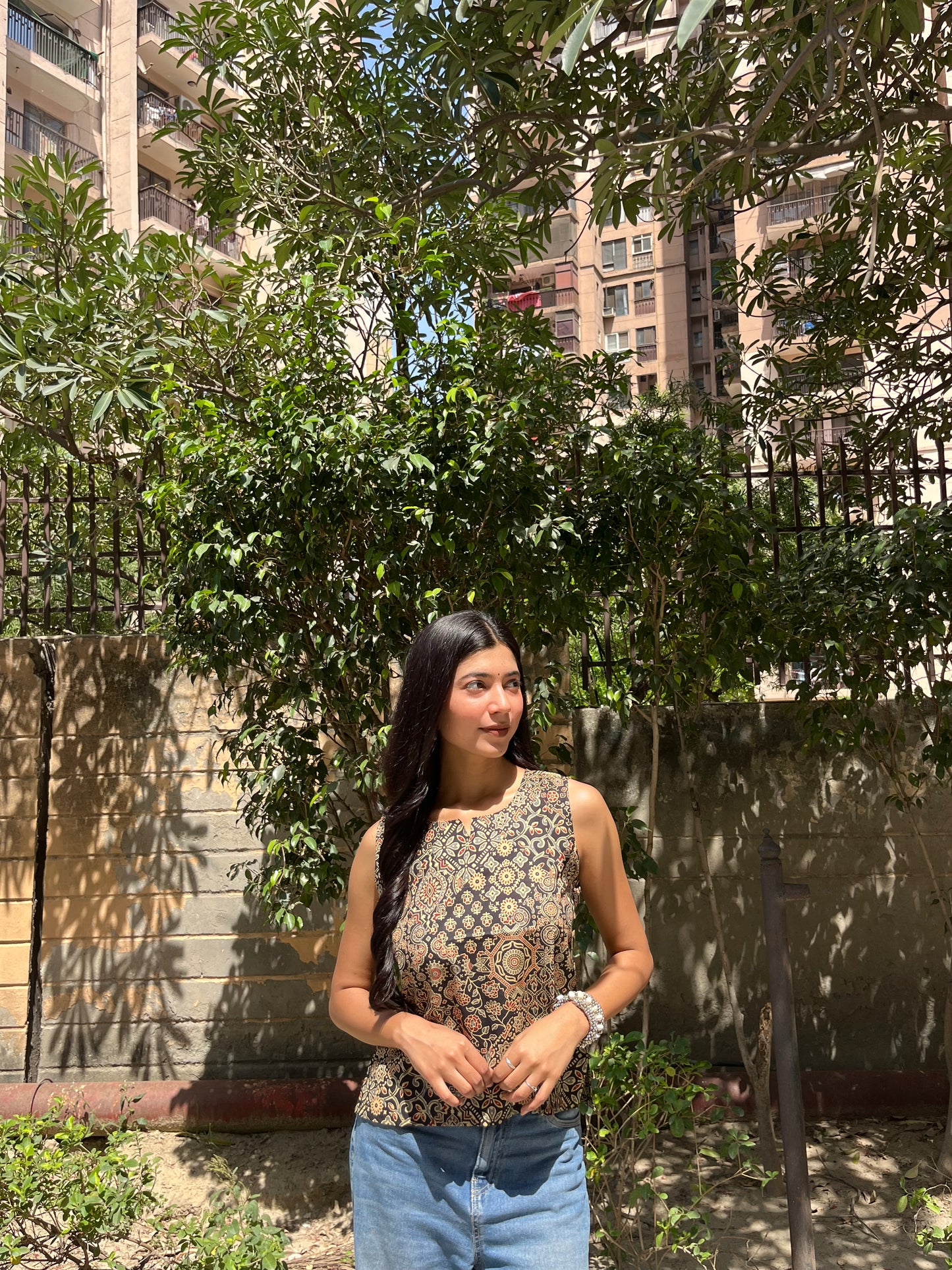 Black Ajrakh Patchwork Print Sleeveless Cotton Crop Kurti Top for Women