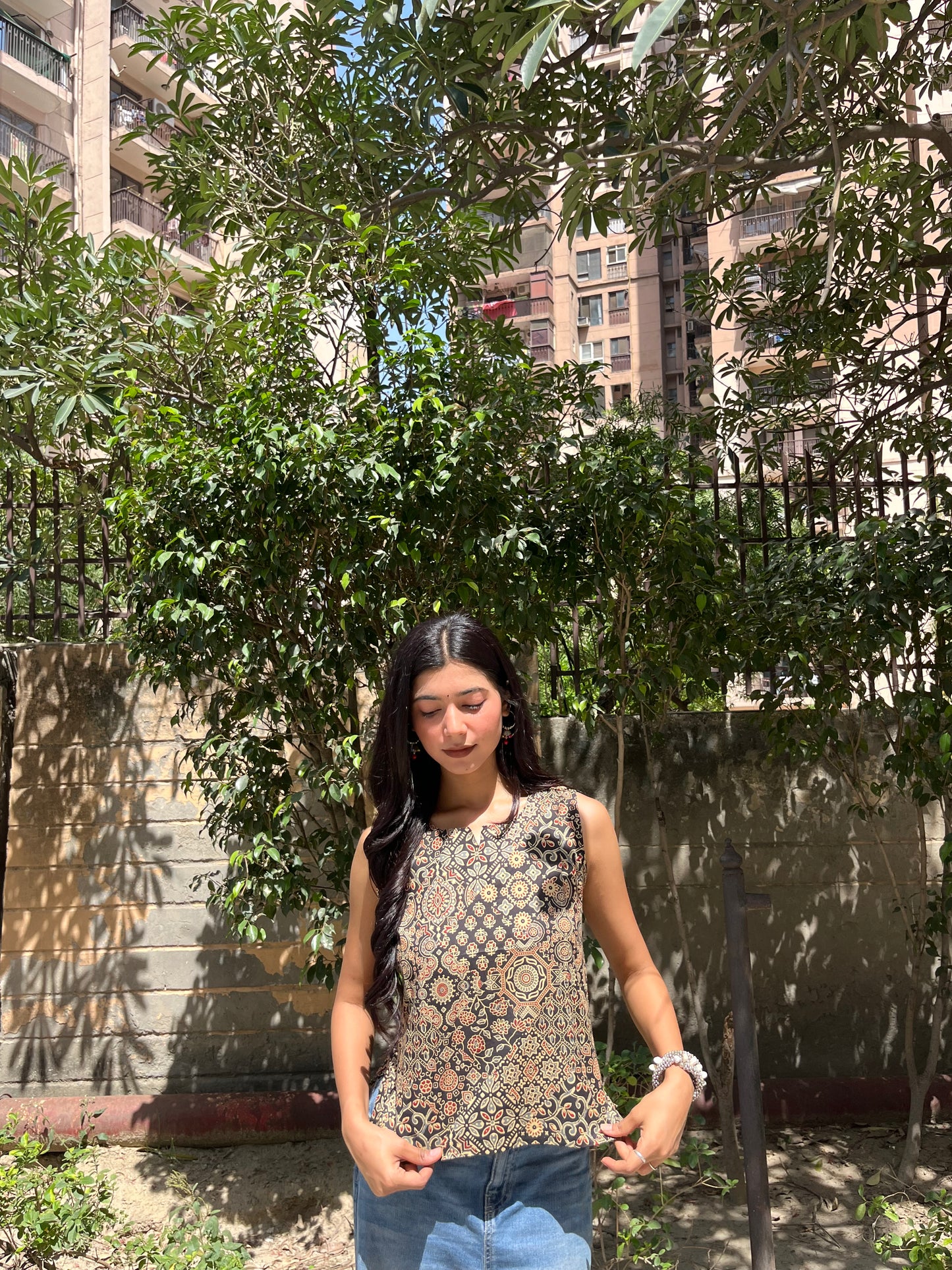 Black Ajrakh Patchwork Print Sleeveless Cotton Crop Kurti Top for Women