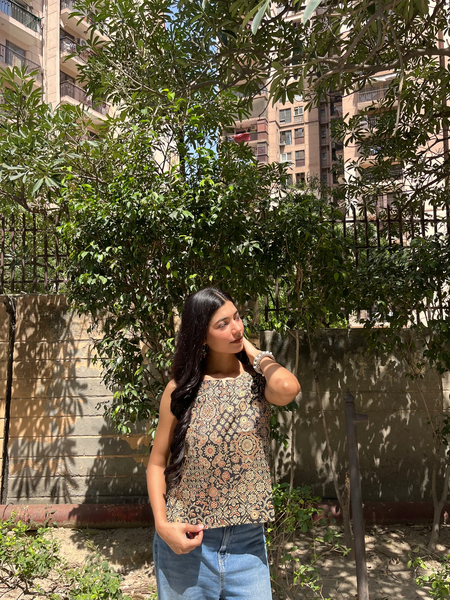 Black Ajrakh Patchwork Print Sleeveless Cotton Crop Kurti Top for Women