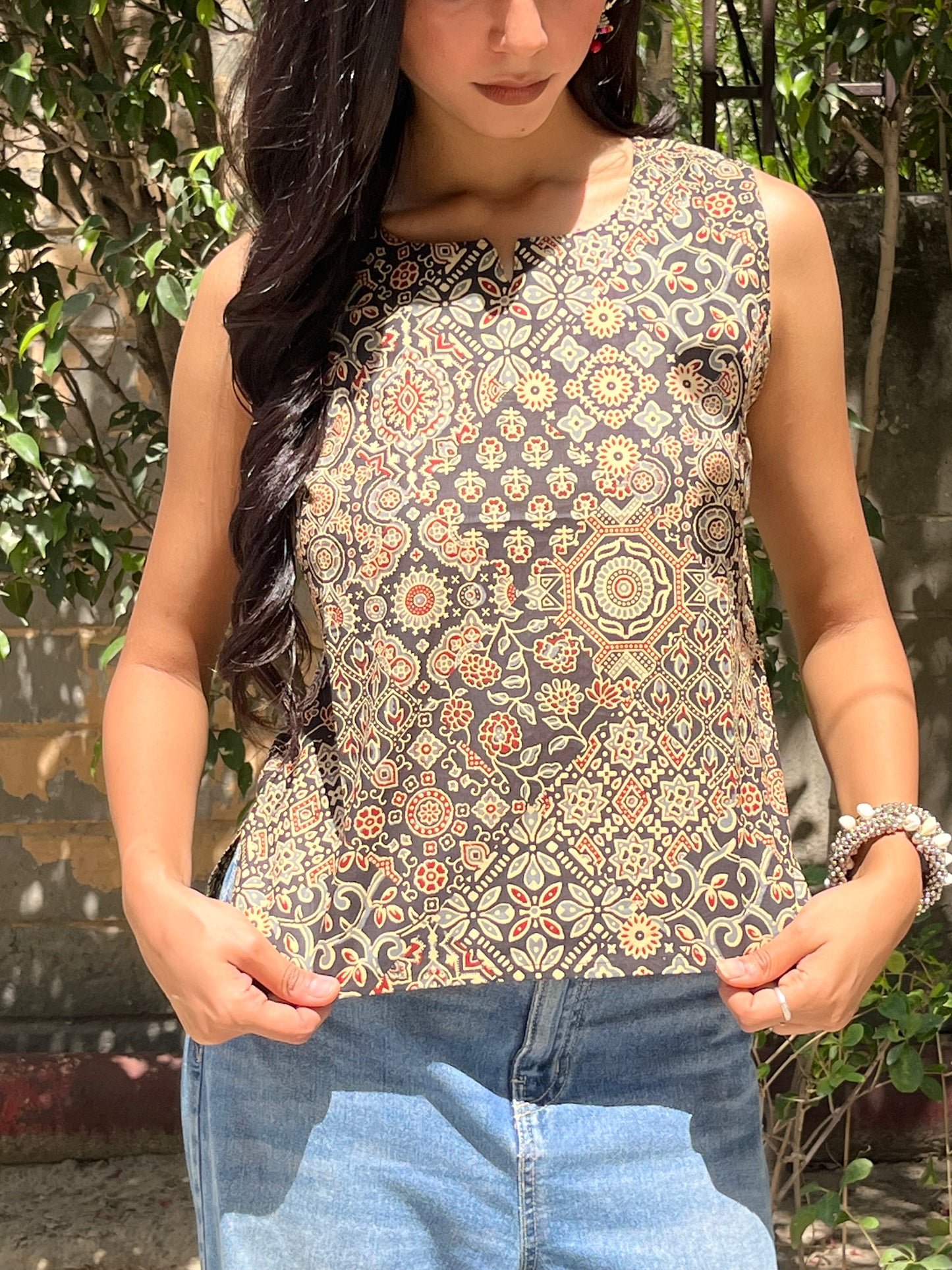 Black Ajrakh Patchwork Print Sleeveless Cotton Crop Kurti Top for Women