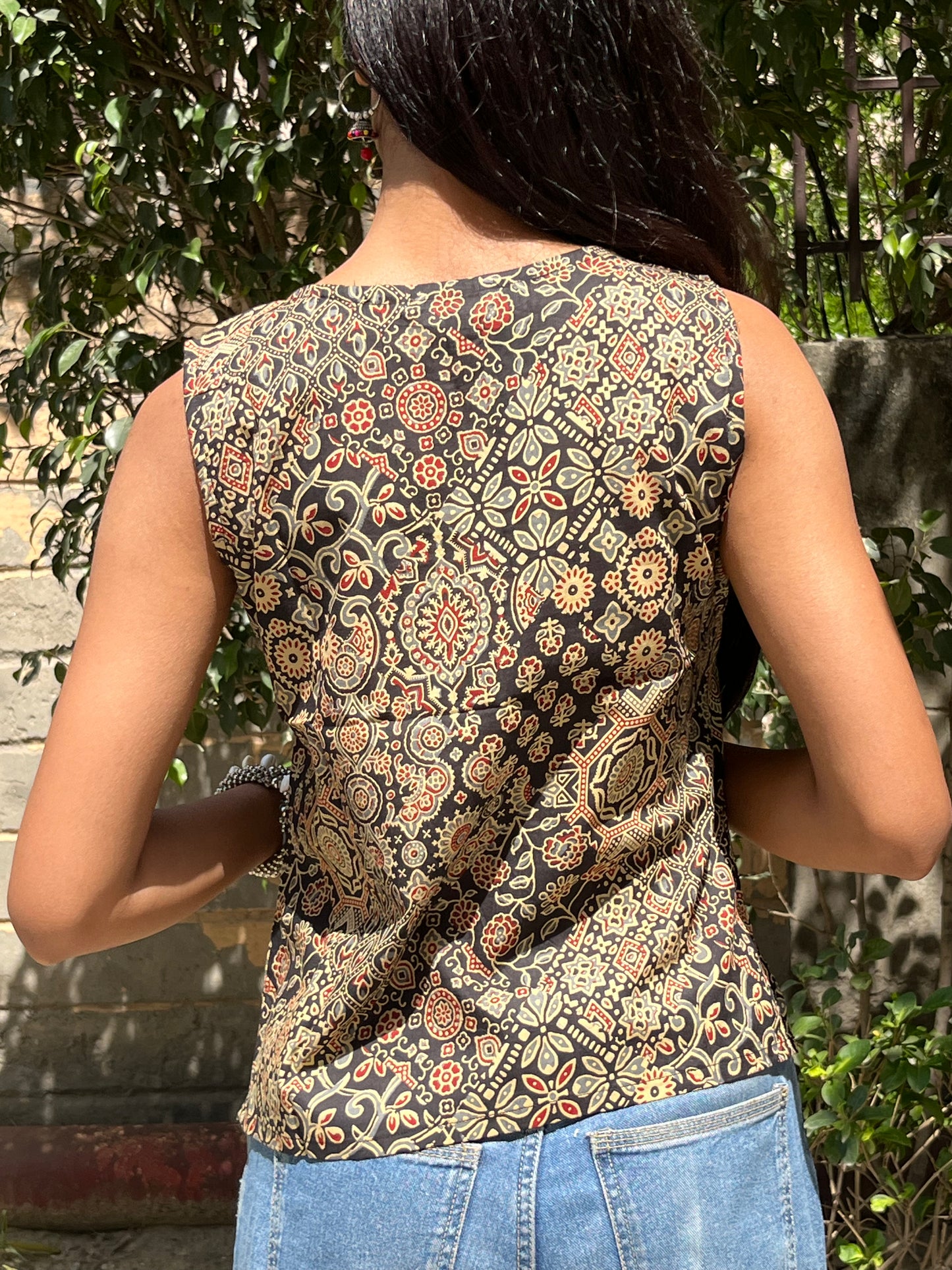 Black Ajrakh Patchwork Print Sleeveless Cotton Crop Kurti Top for Women
