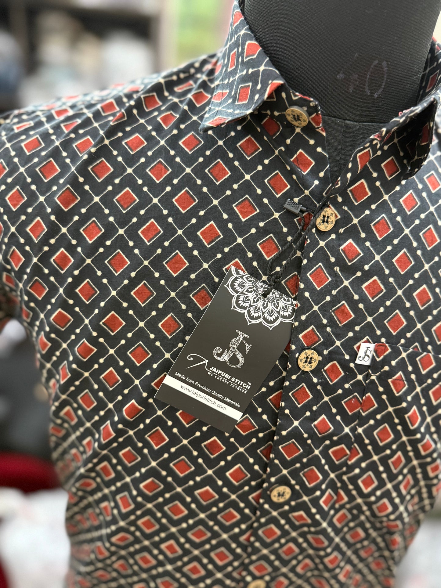 Black Red Square Jaal Printed Mens Half Sleeves Cotton Shirt