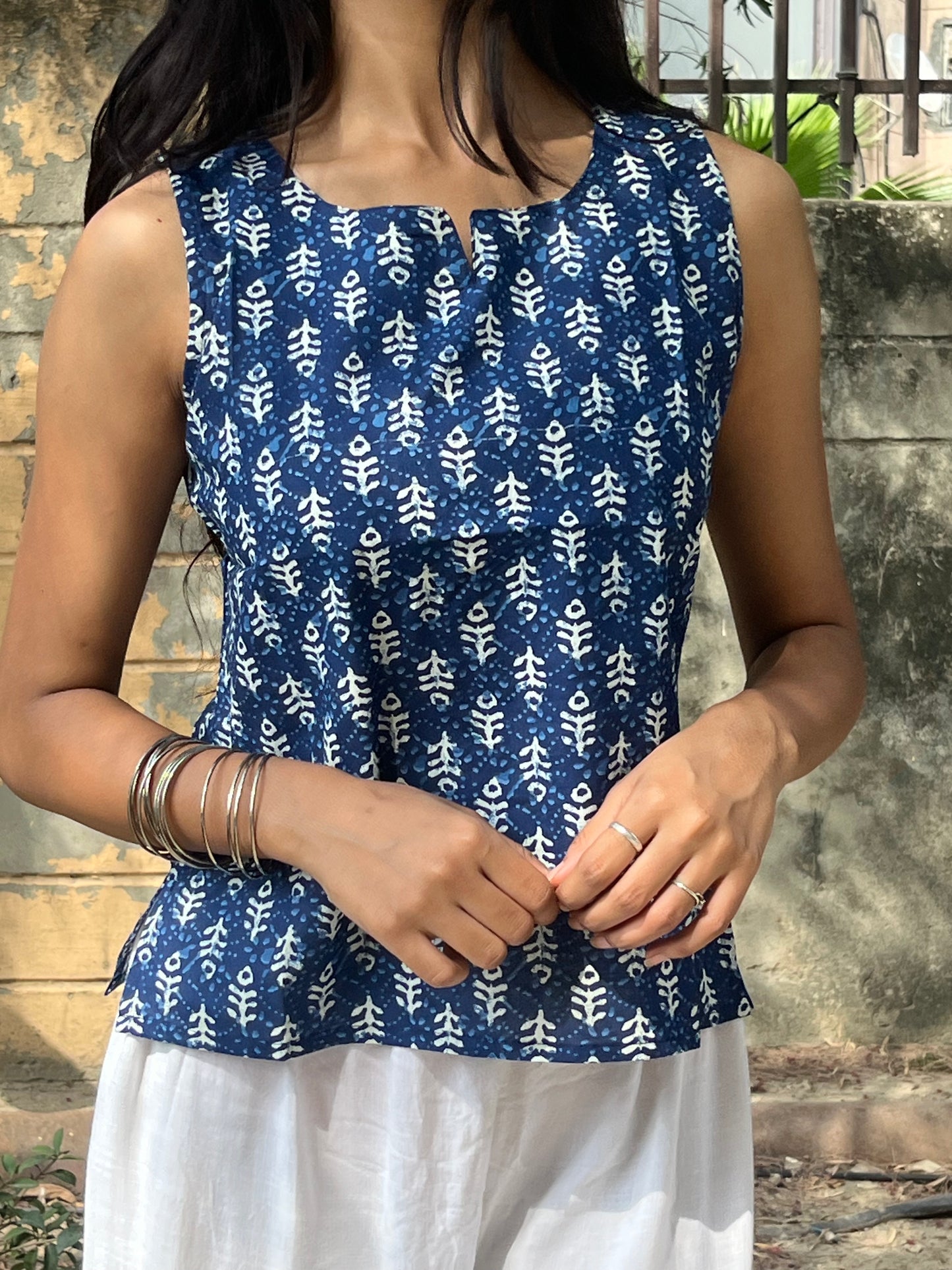 Indigo Blue Dabu Print Sleeveless Cotton Crop Kurti Top for Women