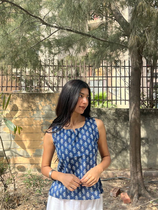 Indigo Blue Dabu Print Sleeveless Cotton Crop Kurti Top for Women
