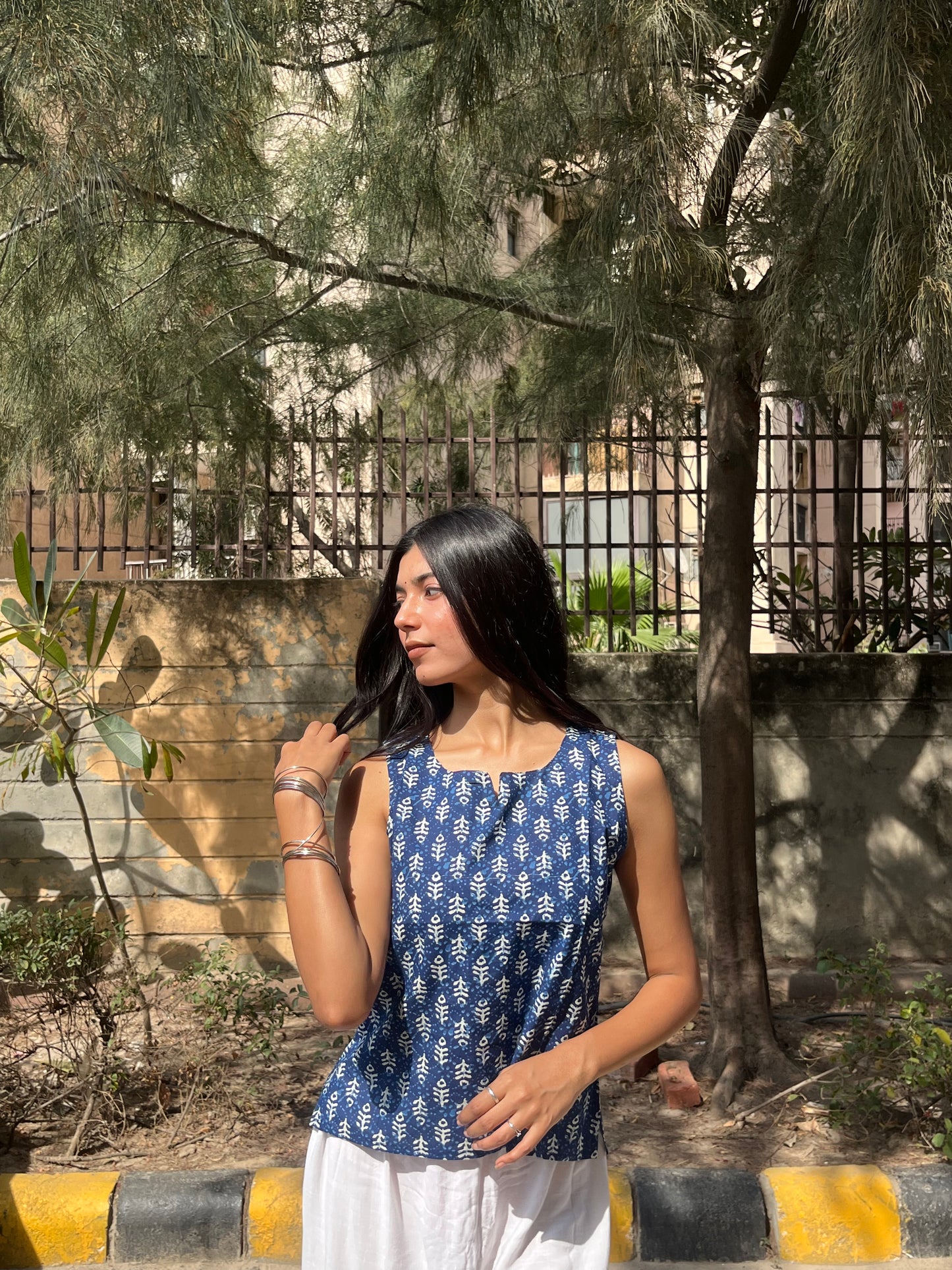 Indigo Blue Dabu Print Sleeveless Cotton Crop Kurti Top for Women
