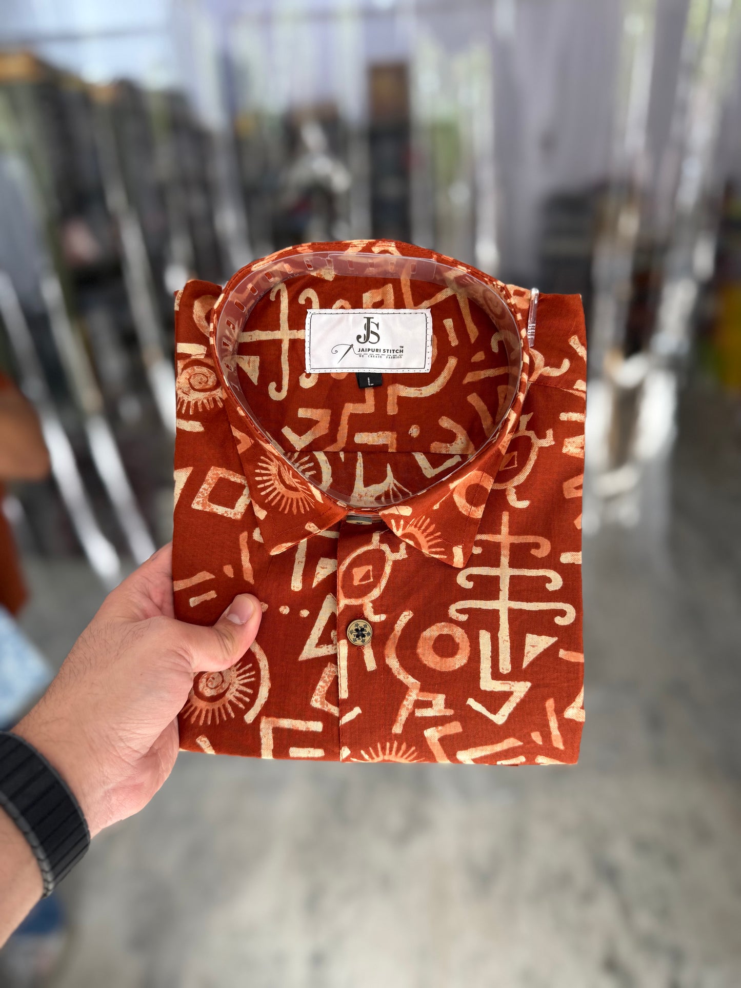 Rust Tribal Symbol Printed Men's Half Sleeves Cotton Shirt