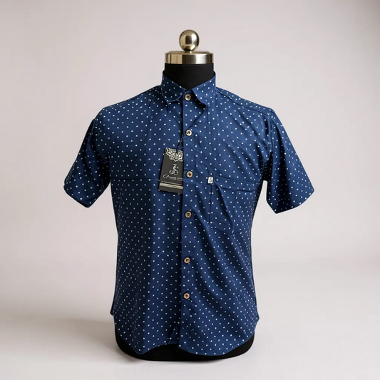 Navy Blue Polka Dot Printed Mens Half Sleeves Cotton Shirt