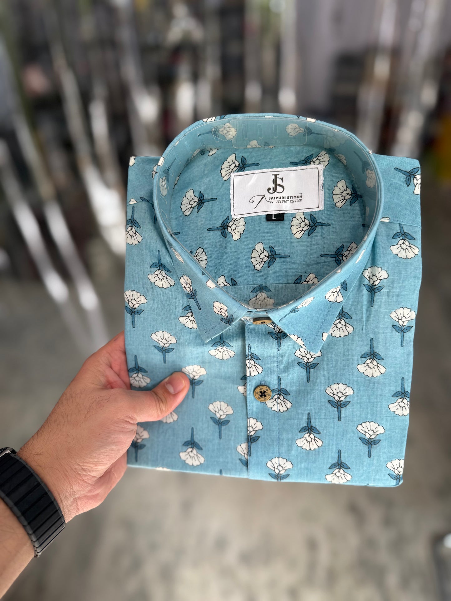 Sky Blue Mini Booti Printed Men's Half Sleeves Cotton Shirt