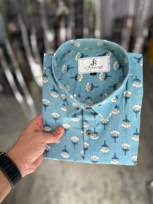 Sky Blue Mini Booti Printed Men's Half Sleeves Cotton Shirt