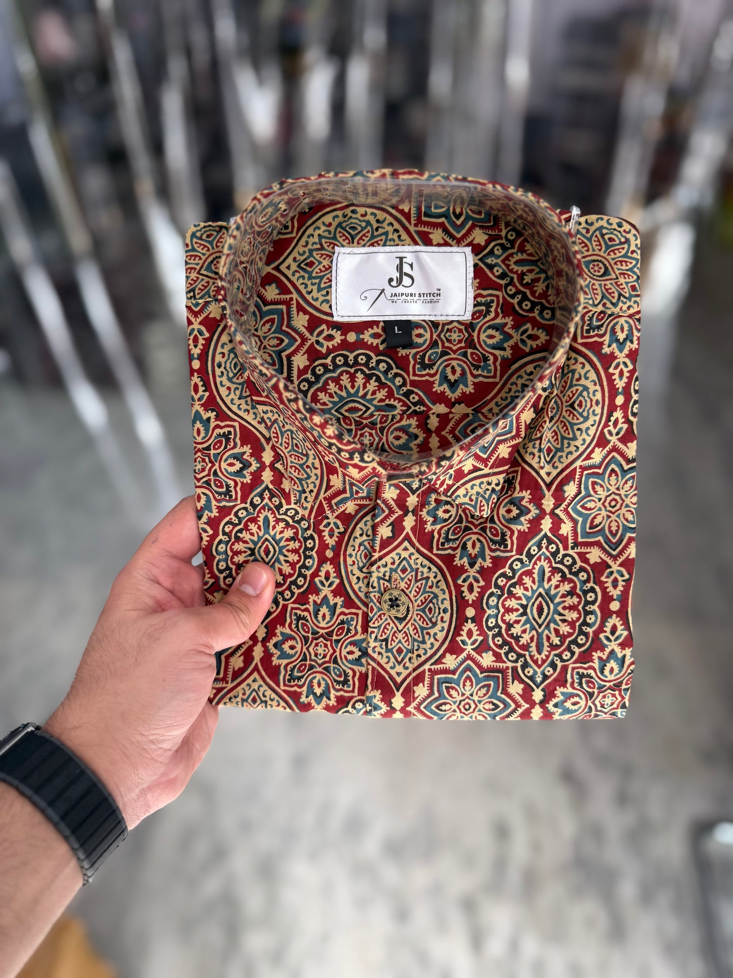 Red Ajrak Medallion Printed Men's Half Sleeves Cotton Shirt