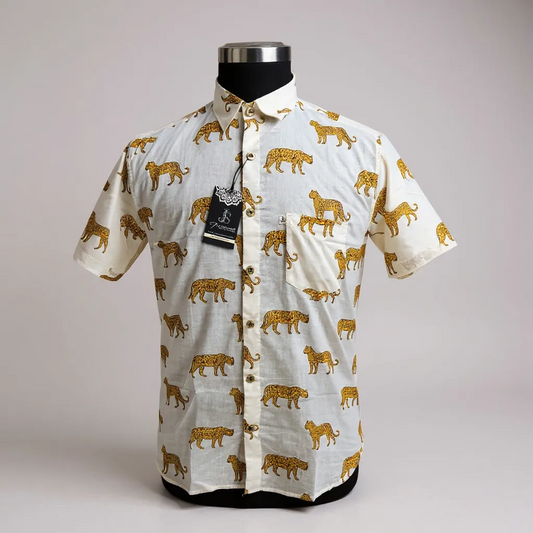 White Cheetah Printed Mens Half Sleeves Cotton Shirt