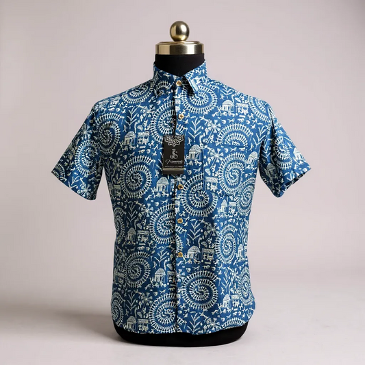 Blue Warli Spiral Printed Mens Half Sleeves Cotton Shirt
