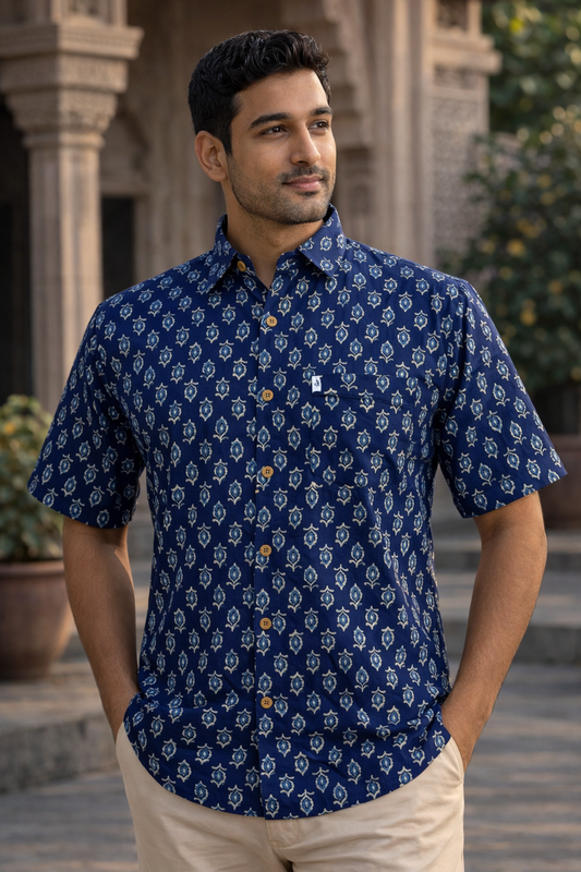 Indigo Ambi Boota Printed Half Sleeves Cotton Shirt for Men