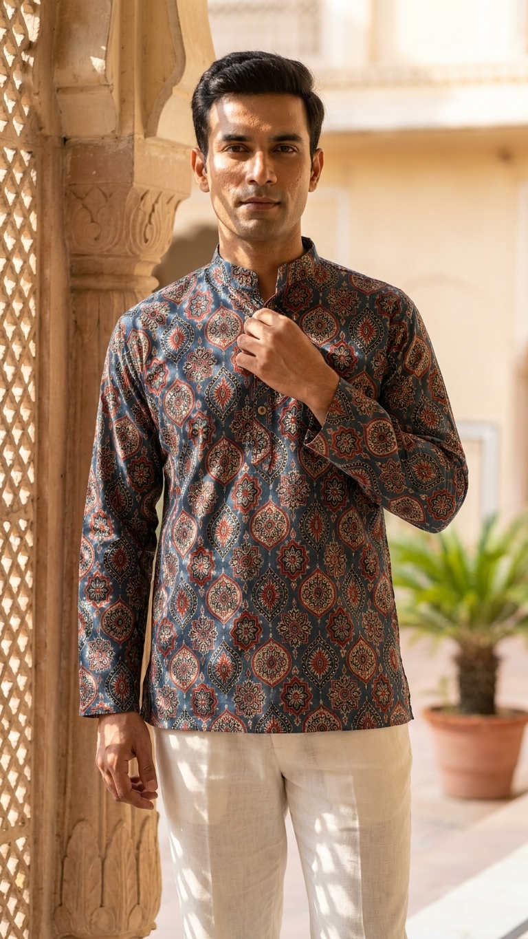 Indigo Floral Medallion Printed Full Sleeves Short Kurta for Men