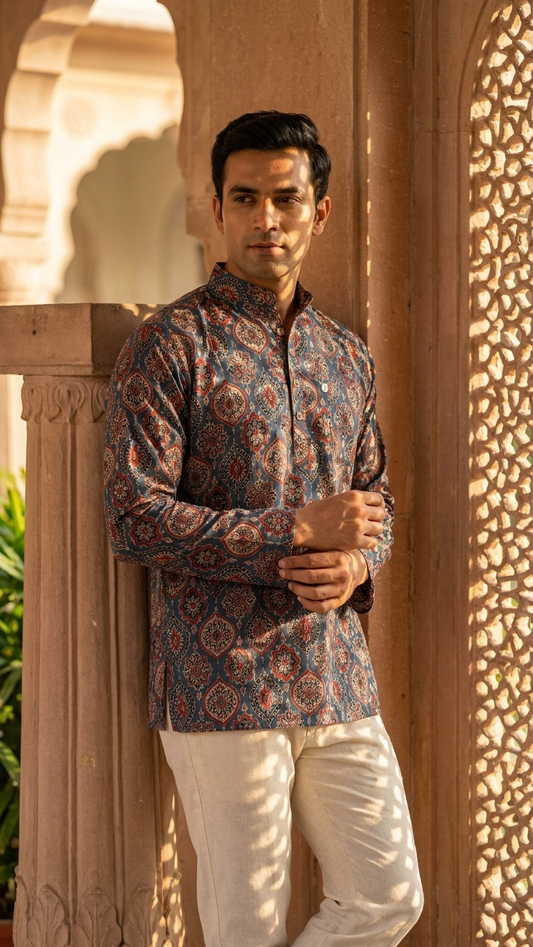 Indigo Floral Medallion Printed Full Sleeves Short Kurta for Men