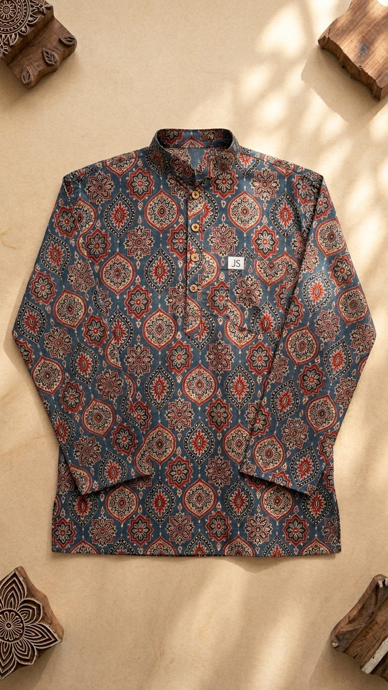 Indigo Floral Medallion Printed Full Sleeves Short Kurta for Men