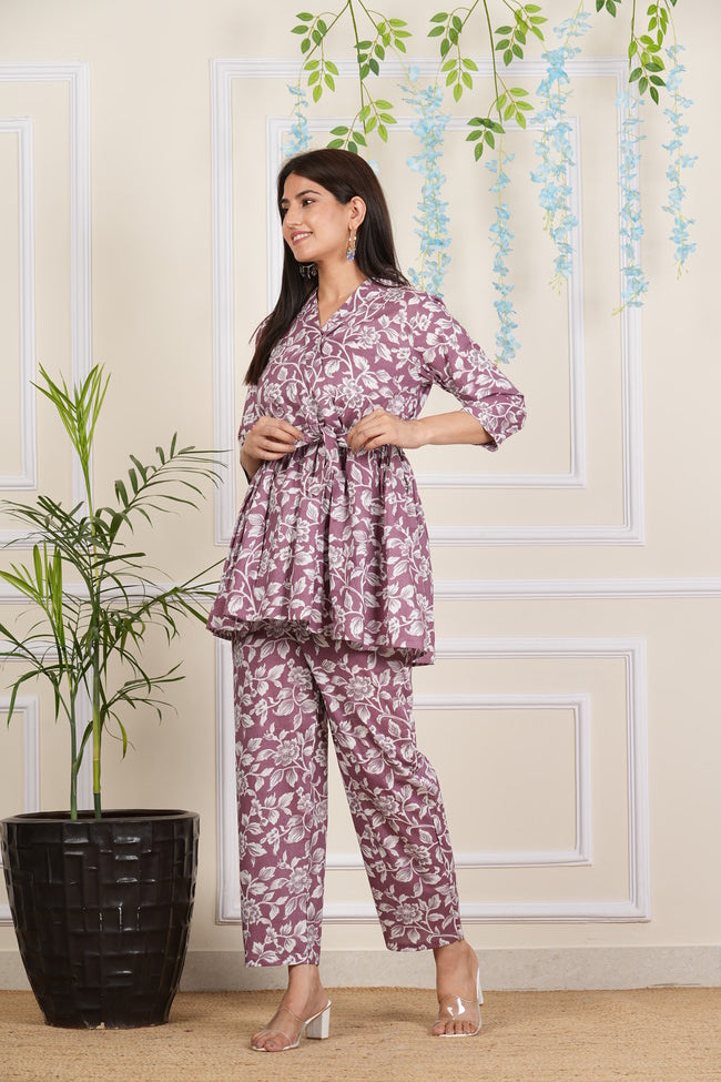 Designer Lavender Printed Cotton Co-Ord set for Women with belt