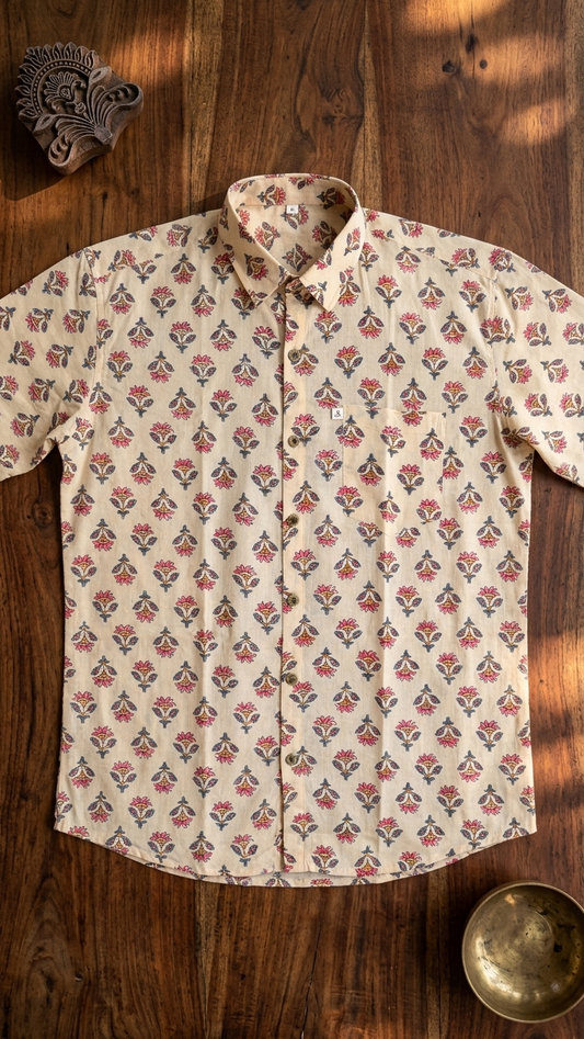 Plus Size Light Beige booti Printed Mens Half Sleeves Shirt