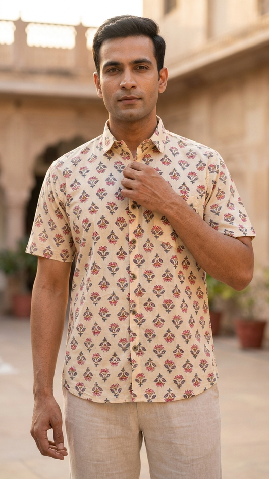 Plus Size Light Beige booti Printed Mens Half Sleeves Shirt