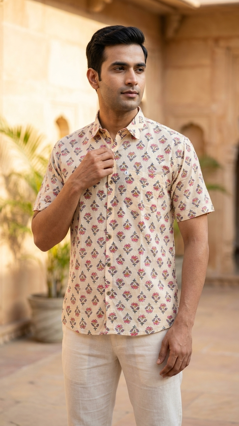 Plus Size Light Beige booti Printed Mens Half Sleeves Shirt