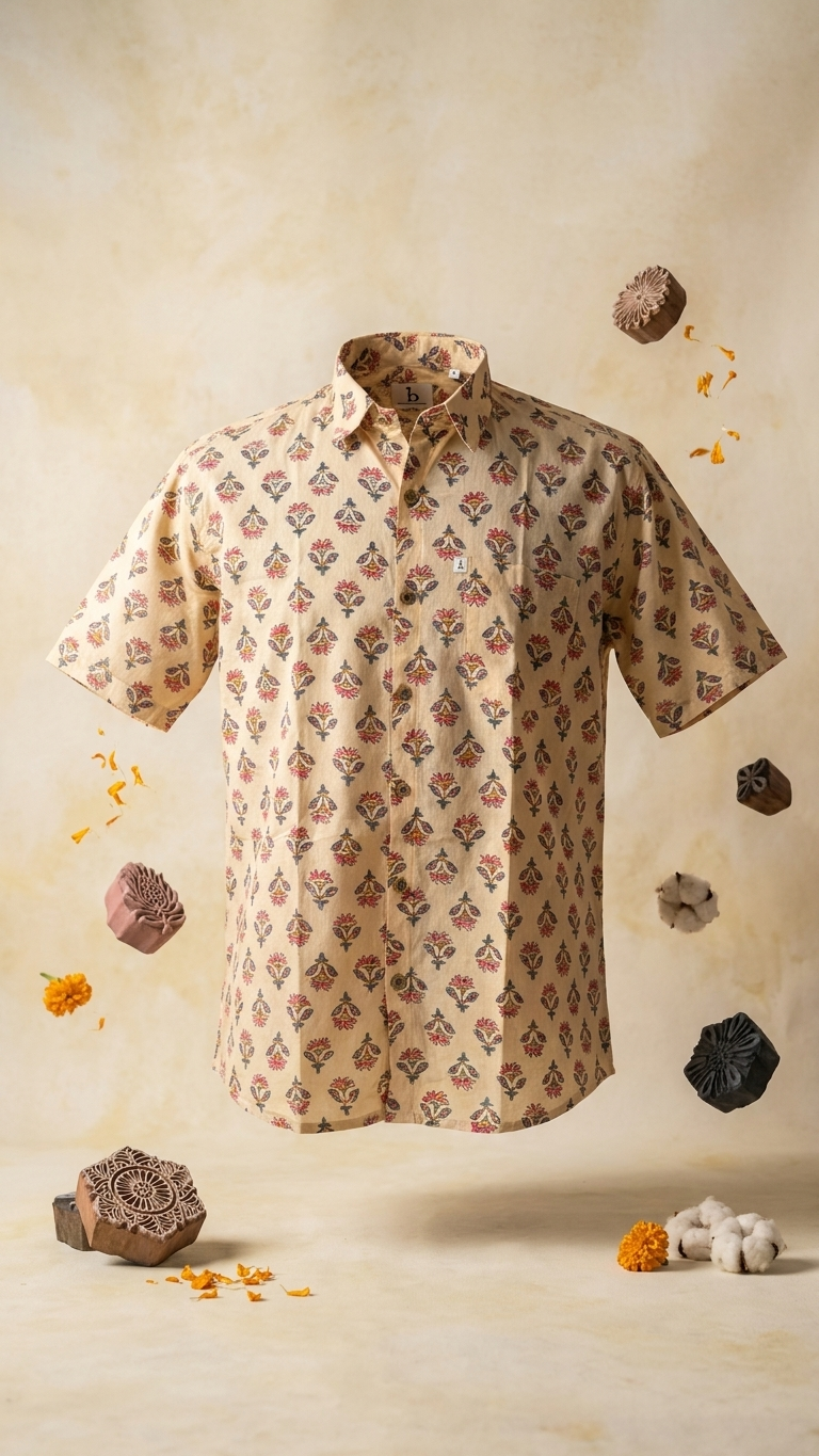 Plus Size Light Beige booti Printed Mens Half Sleeves Shirt