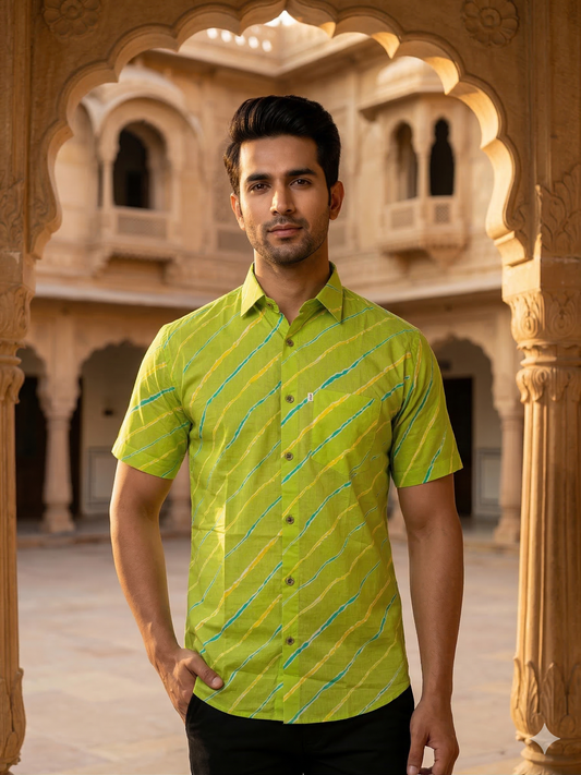 Lime Green Leheriya Print Half Sleeve Cotton Shirt for Men
