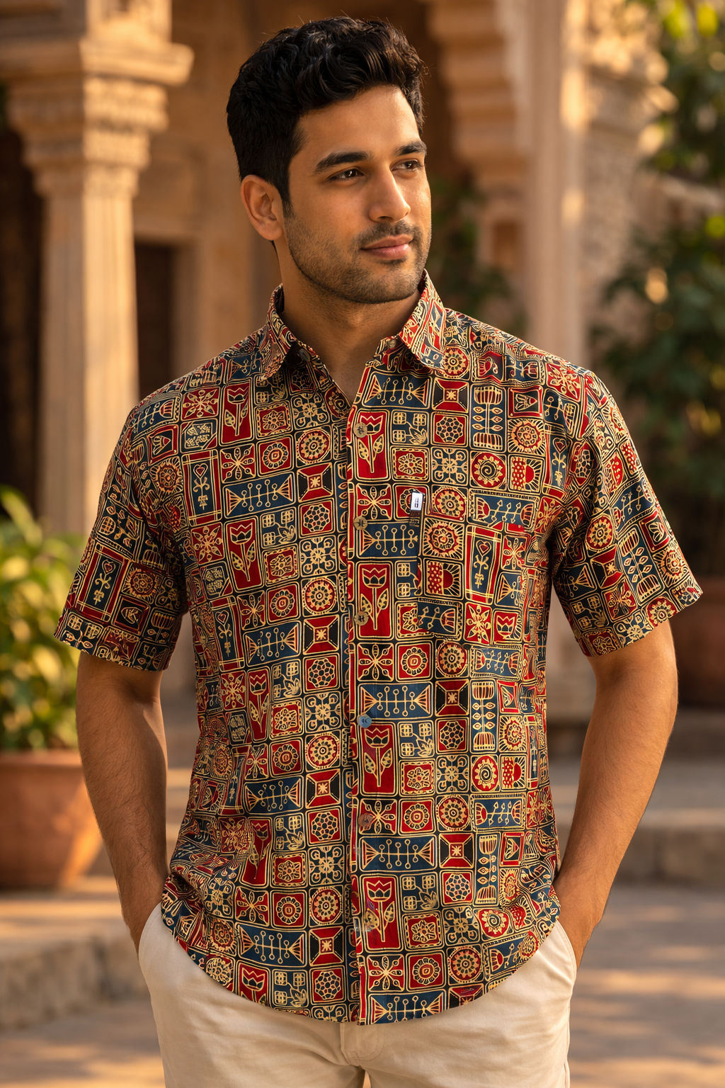 Maroon Navy Heritage Motif Printed Half Sleeves Cotton Shirt for Men