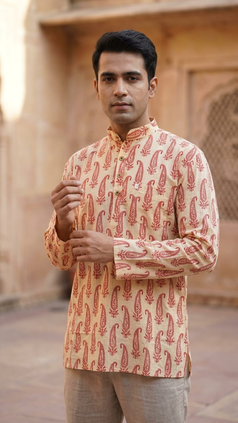 Maroon Paisley Printed Full Sleeves Short Kurta for Men