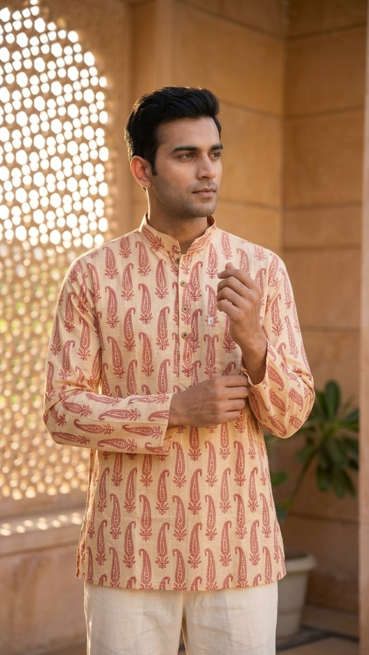 Maroon Paisley Printed Full Sleeves Short Kurta for Men