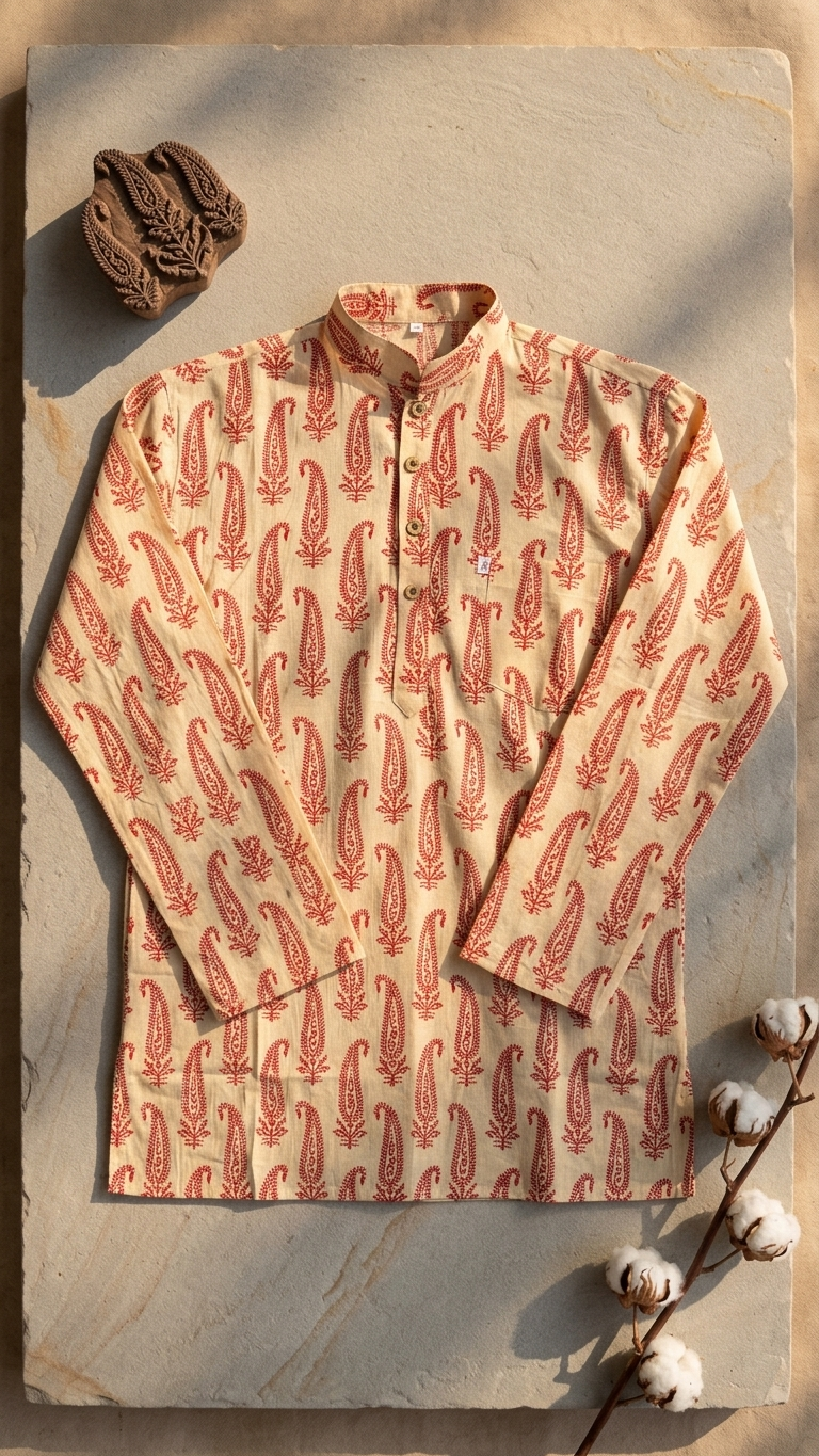 Maroon Paisley Printed Full Sleeves Short Kurta for Men