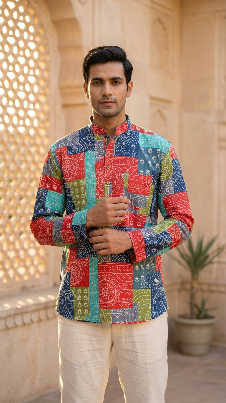 Multicolor Patchwork Printed Full Sleeves Cotton Short Kurta for Men
