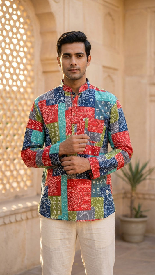 Multicolor Patchwork Printed Full Sleeves Cotton Short Kurta for Men