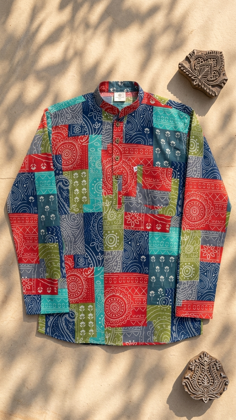 Multicolor Patchwork Printed Full Sleeves Cotton Short Kurta for Men