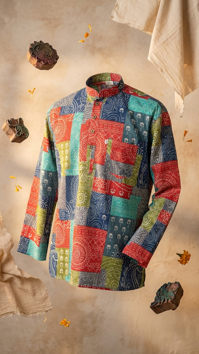 Multicolor Patchwork Printed Full Sleeves Cotton Short Kurta for Men