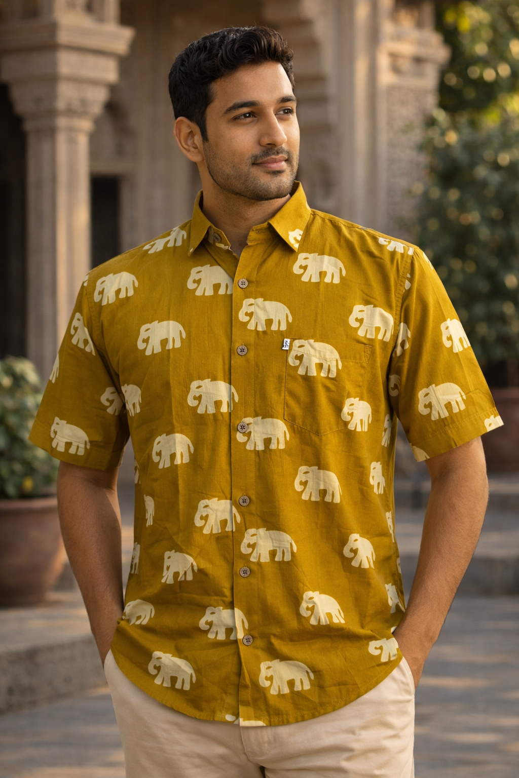 Mustard Elephant Printed Half Sleeves Cotton Shirt for Men