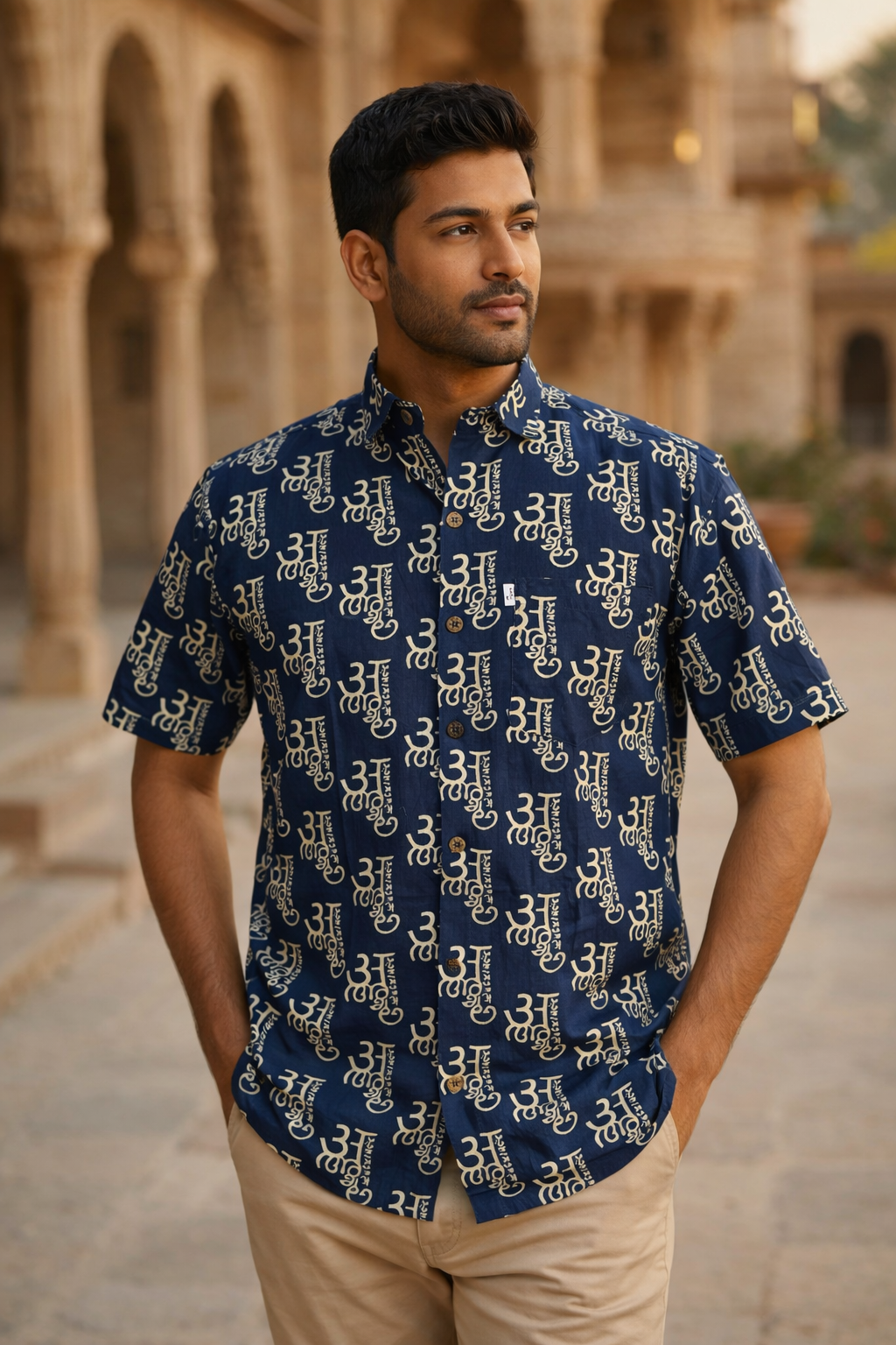 Navy Devanagari Alphabet Printed Half Sleeves Cotton Shirt for Men