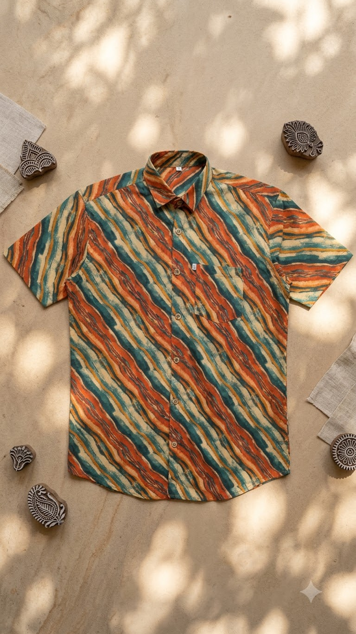 Orange Green Multistripes Printed Mens Half Sleeves Shirt