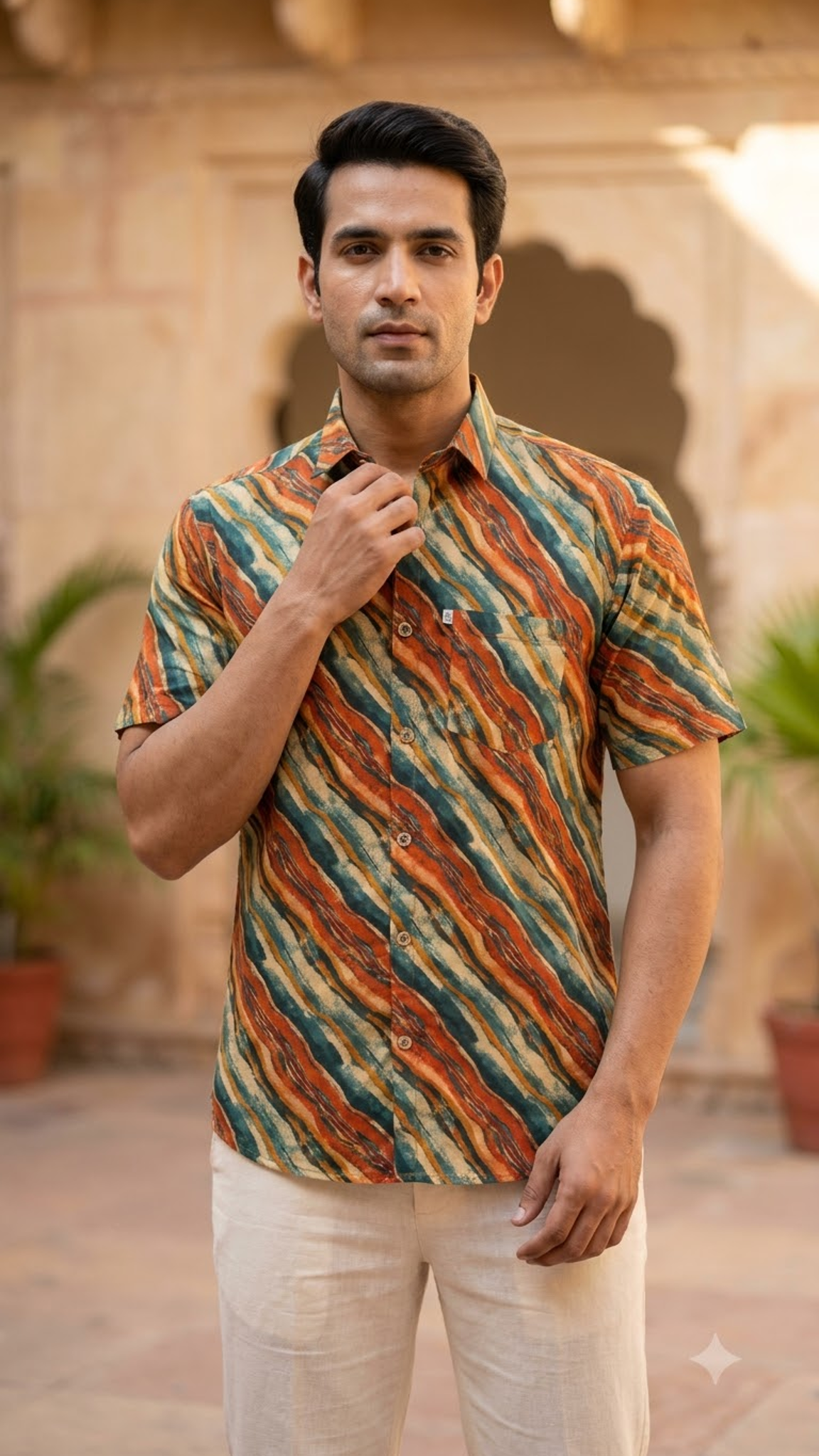 Orange Green Multistripes Printed Mens Half Sleeves Shirt