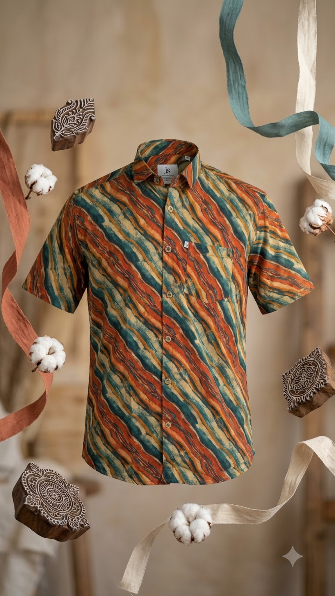 Orange Green Multistripes Printed Mens Half Sleeves Shirt
