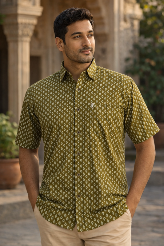 Olive Booti Printed Half Sleeves Cotton Shirt for Men