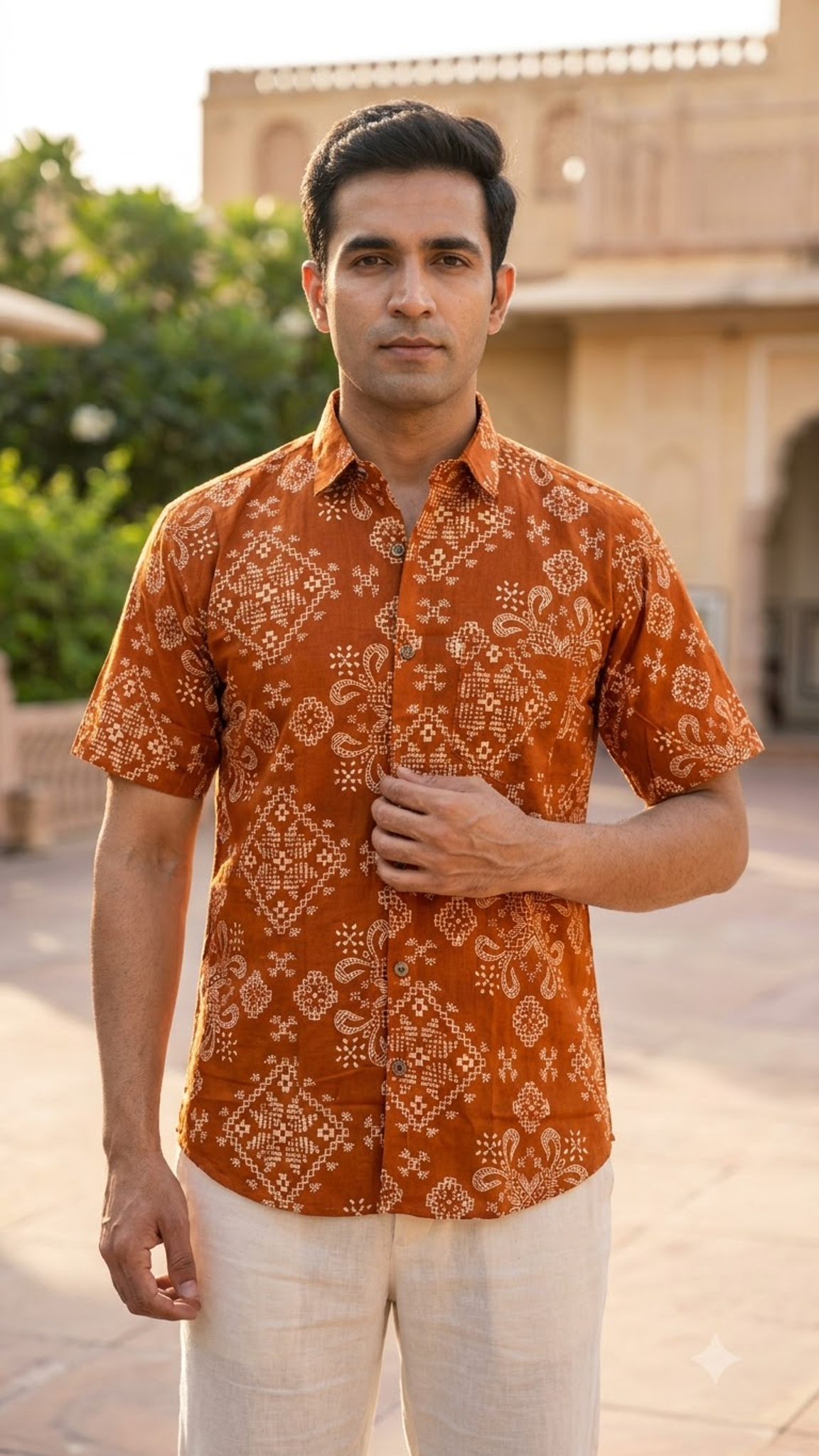 Orange Big Bandhej Printed Half Sleeves Cotton Shirt for Men