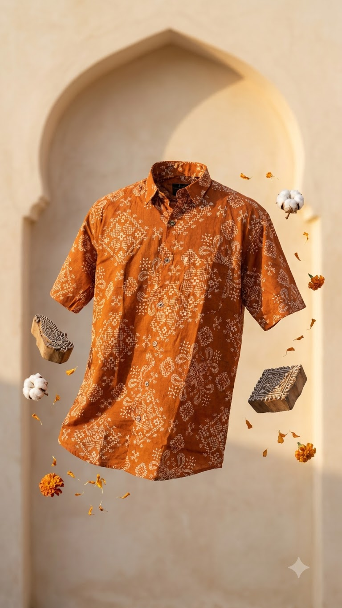 Orange Big Bandhej Printed Half Sleeves Cotton Shirt for Men